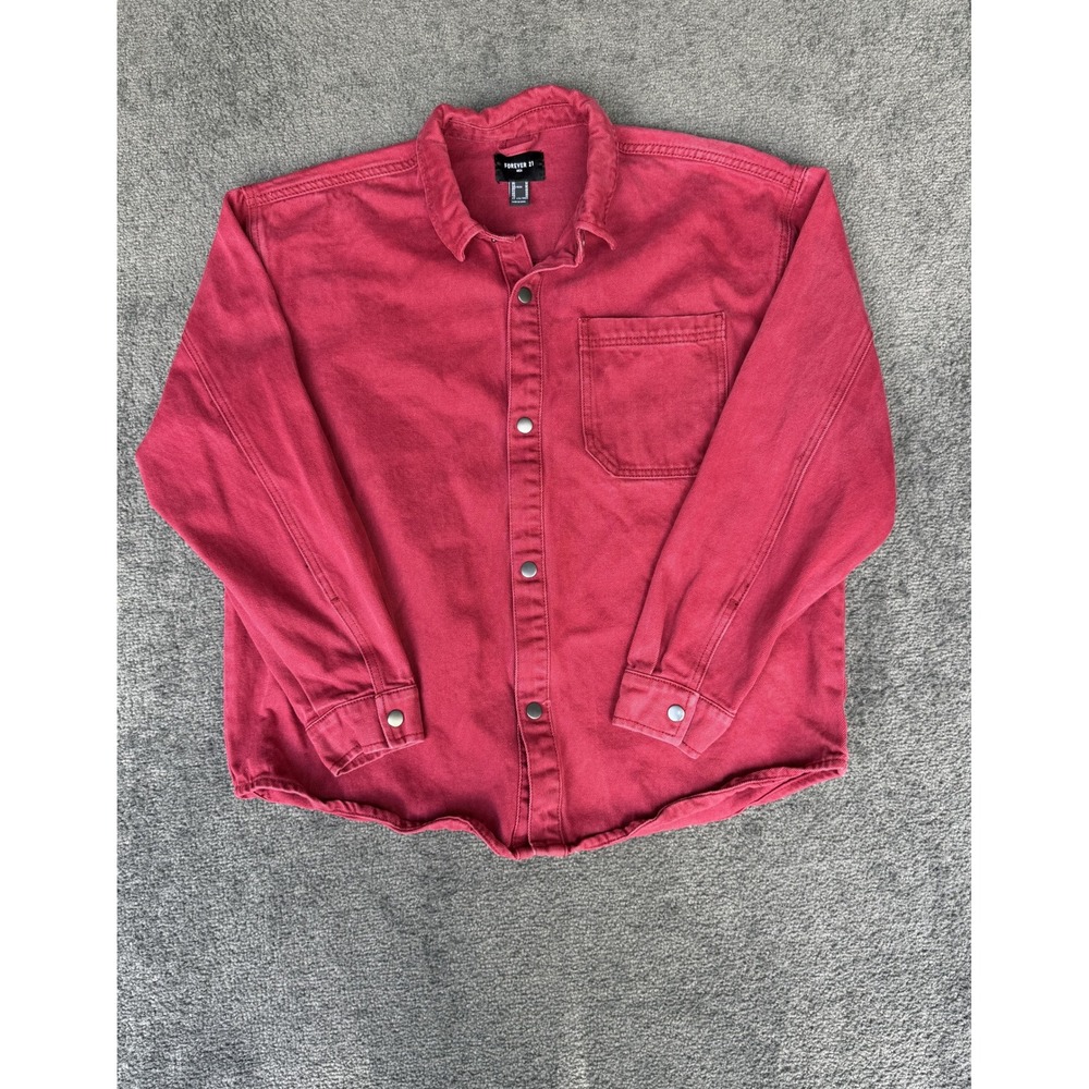 Forever 21 Men Red Denim Shirt Jacket Snap Front Cotton Shacket Size Medium